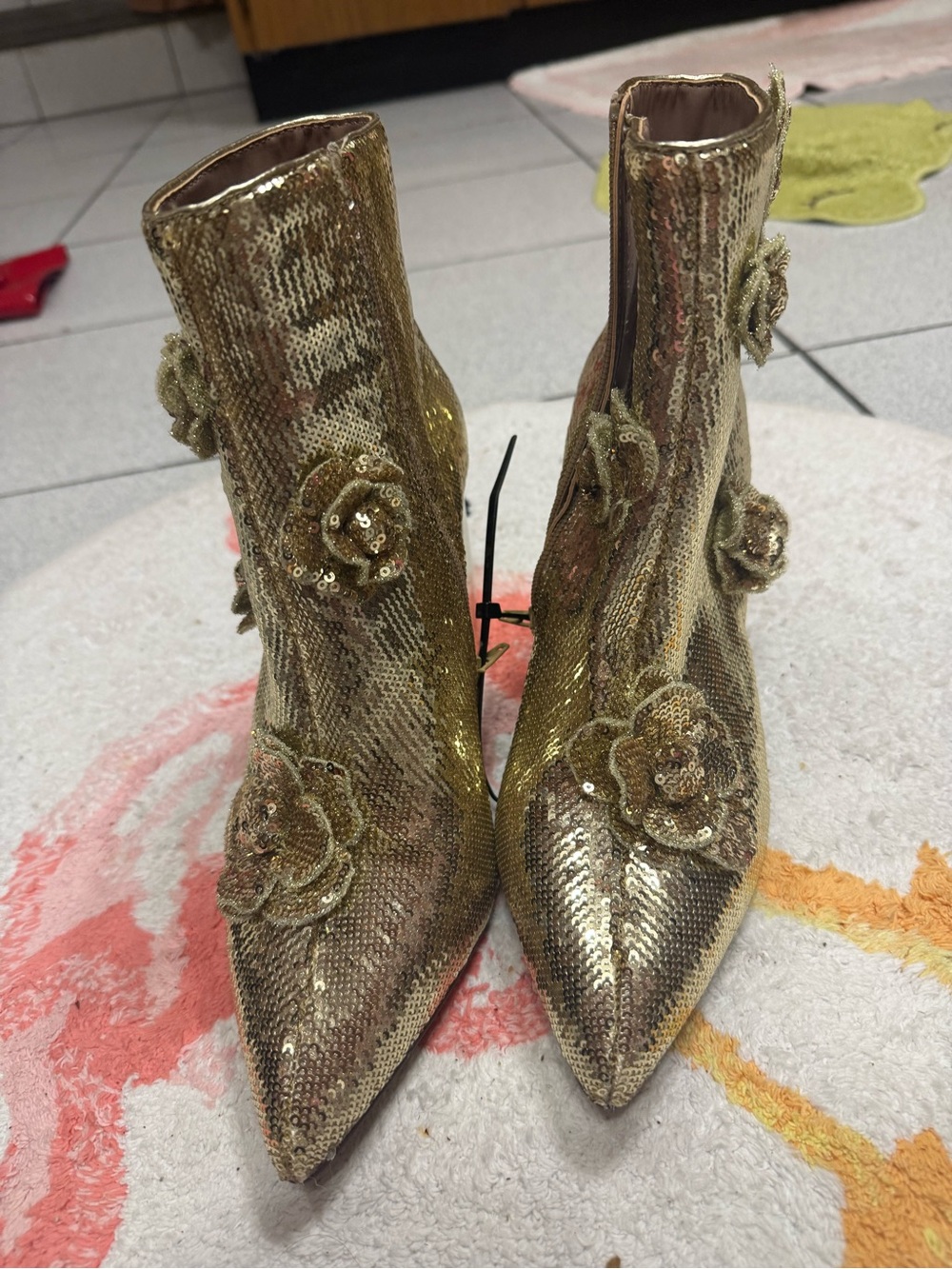 Betsey Johnson Gold Sequin Floral Embellished Ankle Boots
